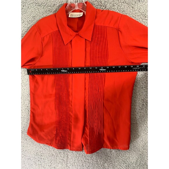CHRISTIE & JILL Blouse Size 10 RED Polyester Sateen Pleated Hidden Button Collar - Picture 5 of 13